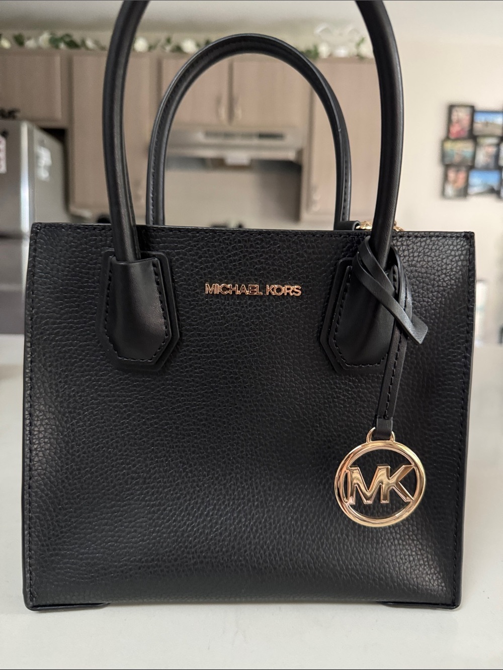 Michael Kors Black Pebbled Leather Satchel with Gold MK Charm